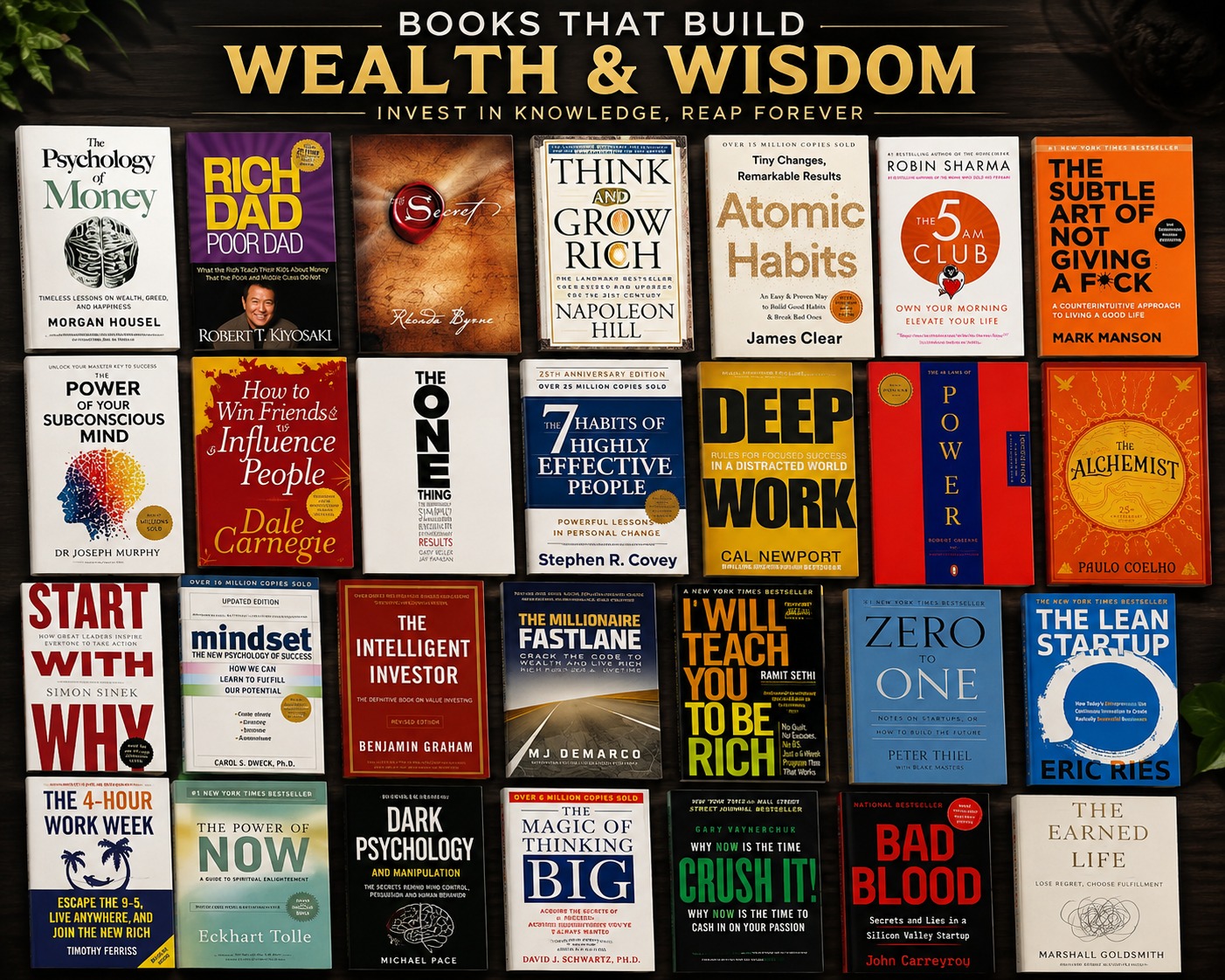 Collection of books about wealth, business, mindset, investing and personal growth